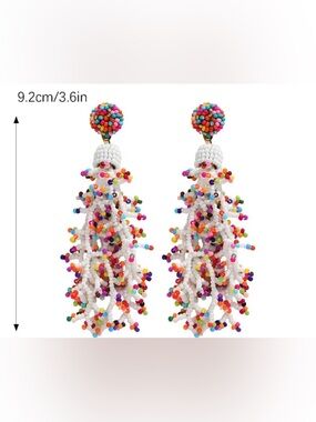 White Beaded Tassel Statement Earrings with Multicolor Accents